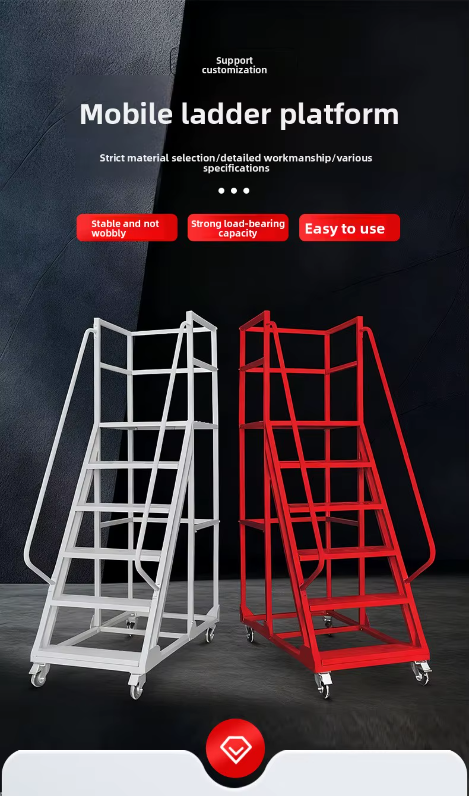 Powder Coated 7 Step Rolling Ladder Warehouse Mobile Platform Stairs 300kg Locking Casters OEM Custom CE SGS ISO 9001