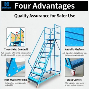 Powder Coated 7 Step Rolling Ladder Warehouse Mobile Platform Stairs 300kg Locking Casters