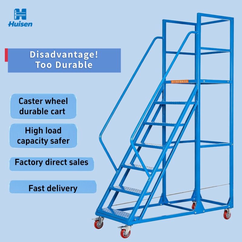 Powder Coated 7 Step Rolling Ladder Warehouse Mobile Platform Stairs 300kg Locking Casters OEM Custom CE SGS ISO 9001