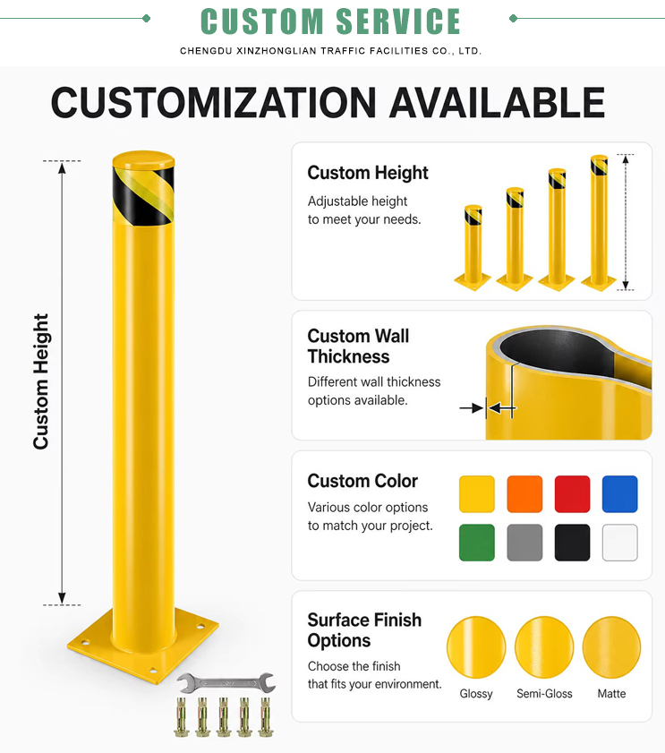 XZL Cheap 800mm Bollard With Reflector Machine Bollards Parking Bollards Fixed Type 4.5" Yellow Powder Coated Bollards Supplier