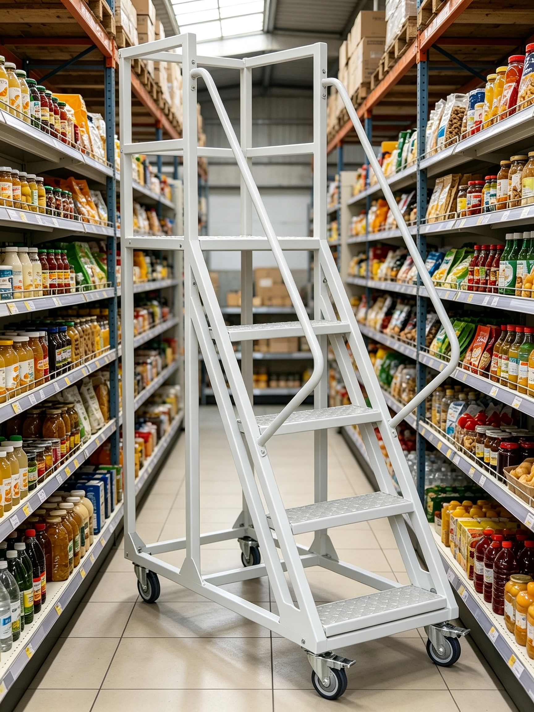 4-Step Rolling Steel Ladder with 1.5m High Platform 200KG Capacity Powder Coated Finish Warehouse Use