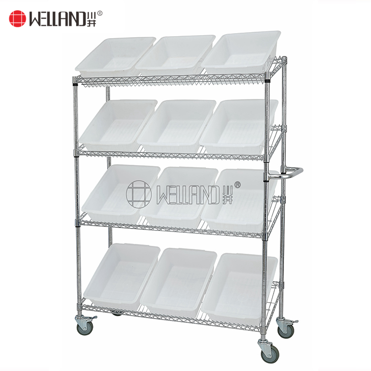 Utility Commercial Garage Slanted Order Picking Shelving Cart Trolley, NSF Factory Warehouse Wire Shelf Bin Organizers