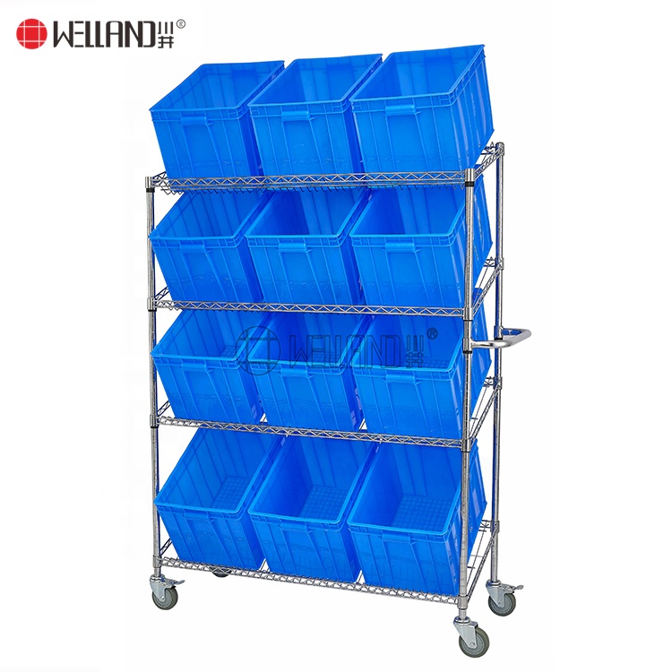 Utility Commercial Garage Slanted Order Picking Shelving Cart Trolley, NSF Factory Warehouse Wire Shelf Bin Organizers