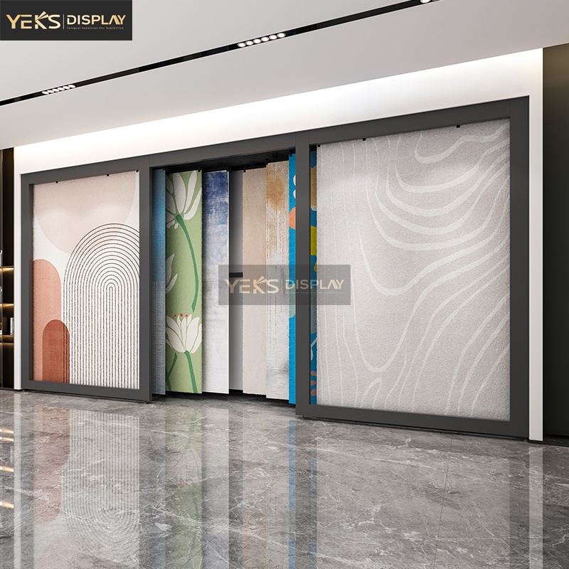 YEKS Heavy Duty Flat Pull Carpet Display Rack With Slide Out Shelves For Rug And Flooring Showroom