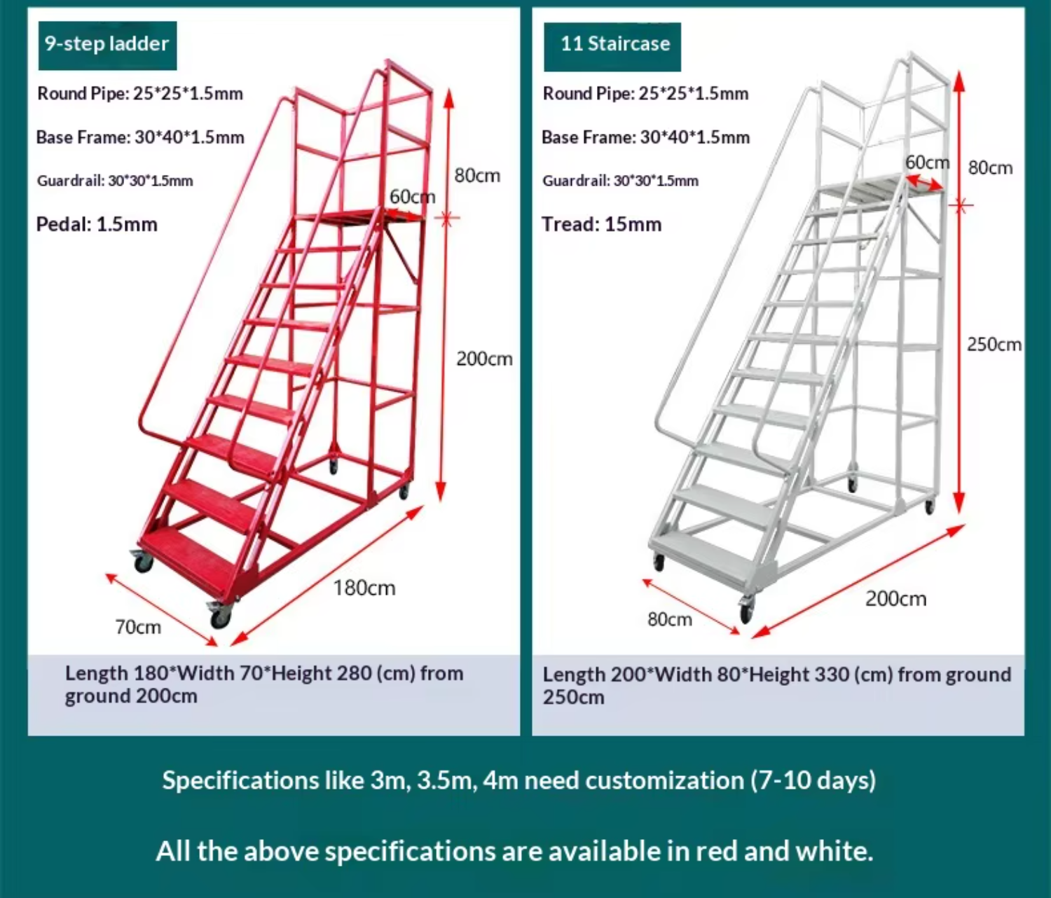 Powder Coated 7 Step Rolling Ladder Warehouse Mobile Platform Stairs 300kg Locking Casters OEM Custom CE SGS ISO 9001