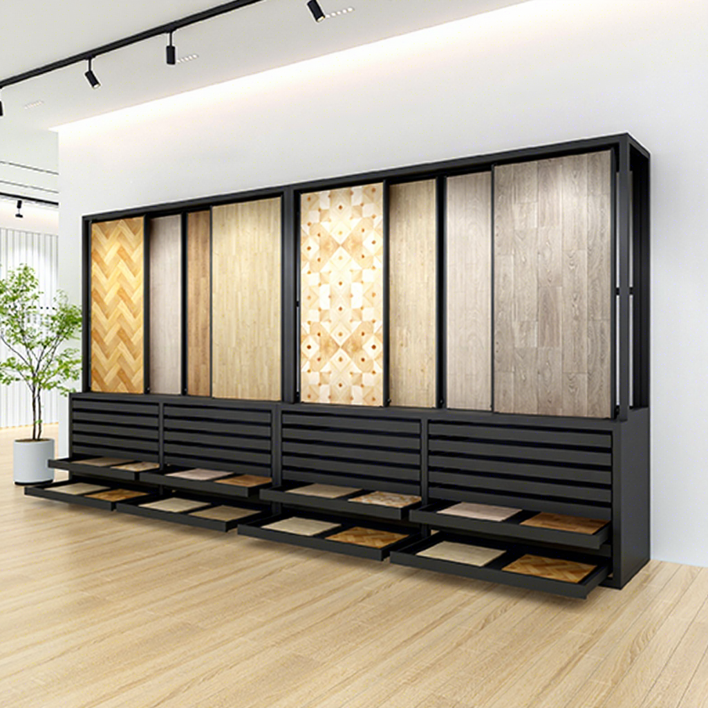 High Quality New Customized Granite Stone Wooden Flooring Pull Push Display Rack Stand Combination Cabinet for Showroom