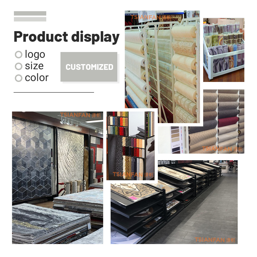 Wholesale Custom Metal Hanging Carpet Roll Display Rack Double-Sided Durable Roll Rack for Exhibition Carpet Display Shelf