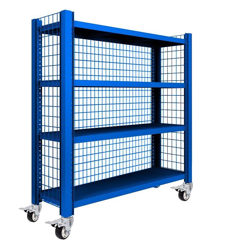 Wheeled Mobile Shelving Unit 4-Tier Storage Rack Display Stand Metal Frame Adjustable Sliding Grid Partitions 200kg Capacity