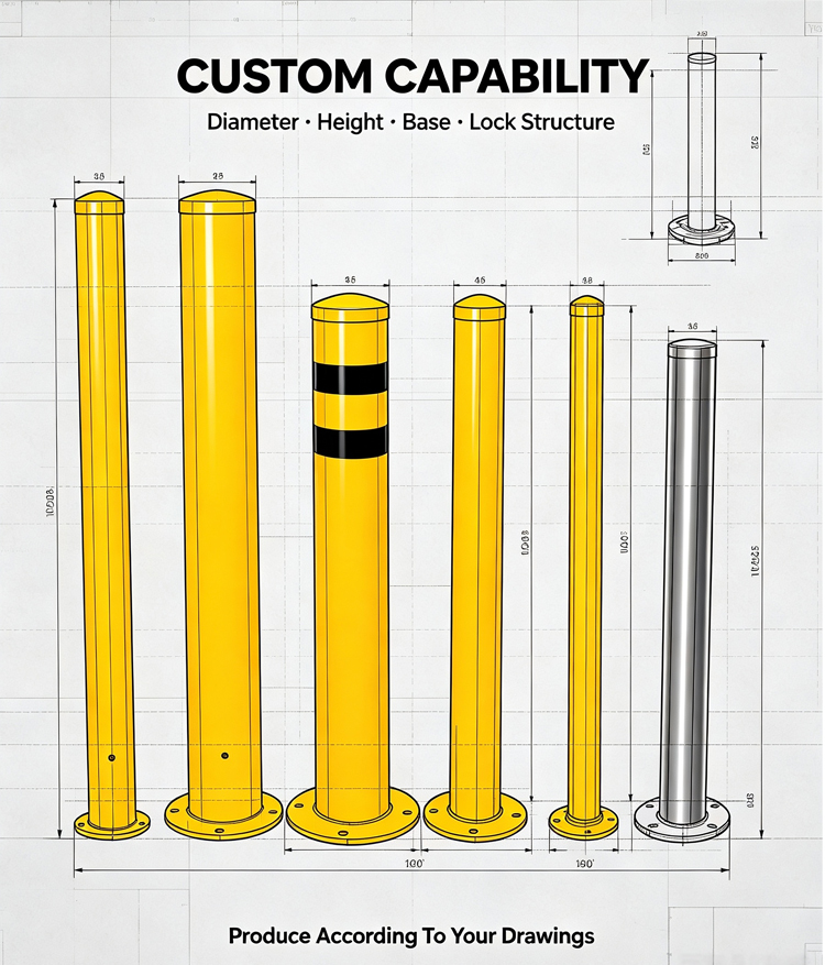 XZL Cheap 800mm Bollard With Reflector Machine Bollards Parking Bollards Fixed Type 4.5" Yellow Powder Coated Bollards Supplier