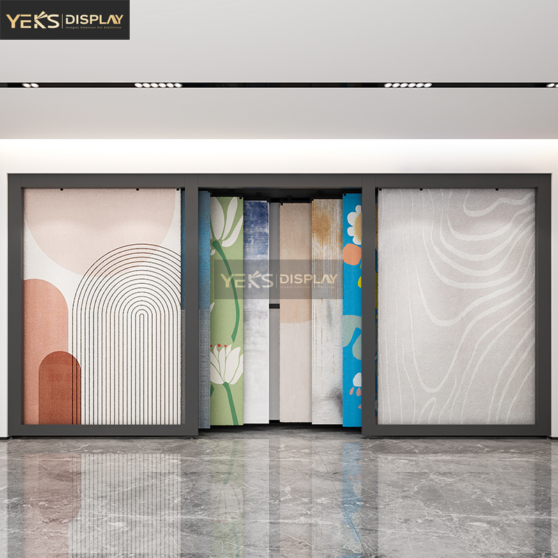 YEKS Heavy Duty Flat Pull Carpet Display Rack With Slide Out Shelves For Rug And Flooring Showroom