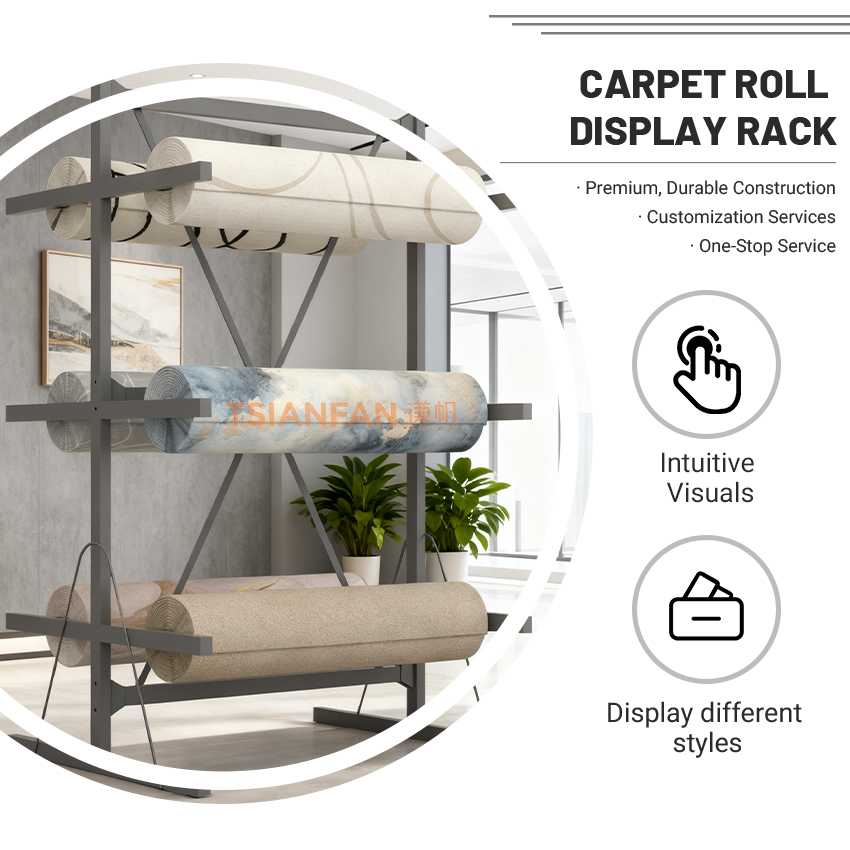 Wholesale Custom Metal Hanging Carpet Roll Display Rack Double-Sided Durable Roll Rack for Exhibition Carpet Display Shelf