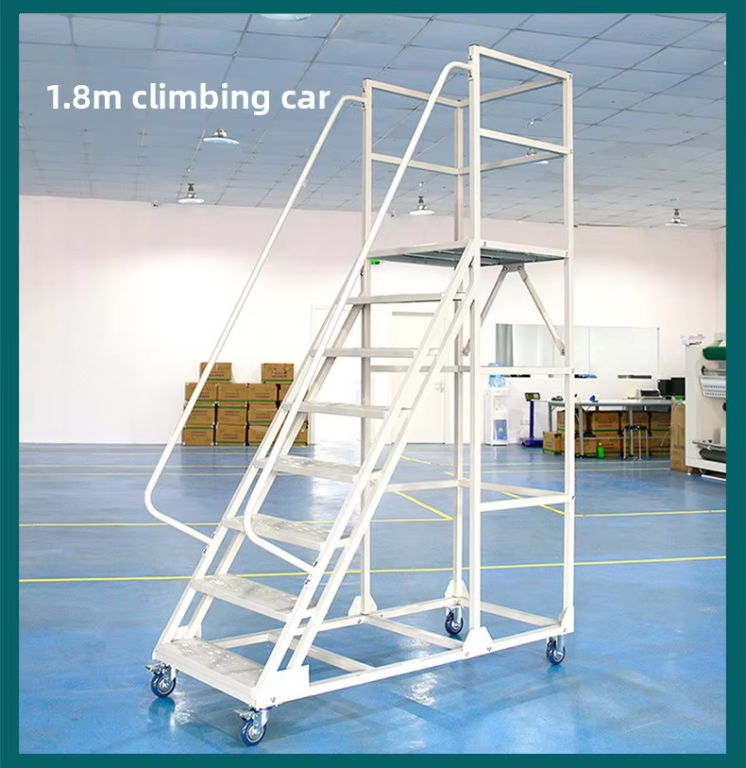 Powder Coated 7 Step Rolling Ladder Warehouse Mobile Platform Stairs 300kg Locking Casters OEM Custom CE SGS ISO 9001