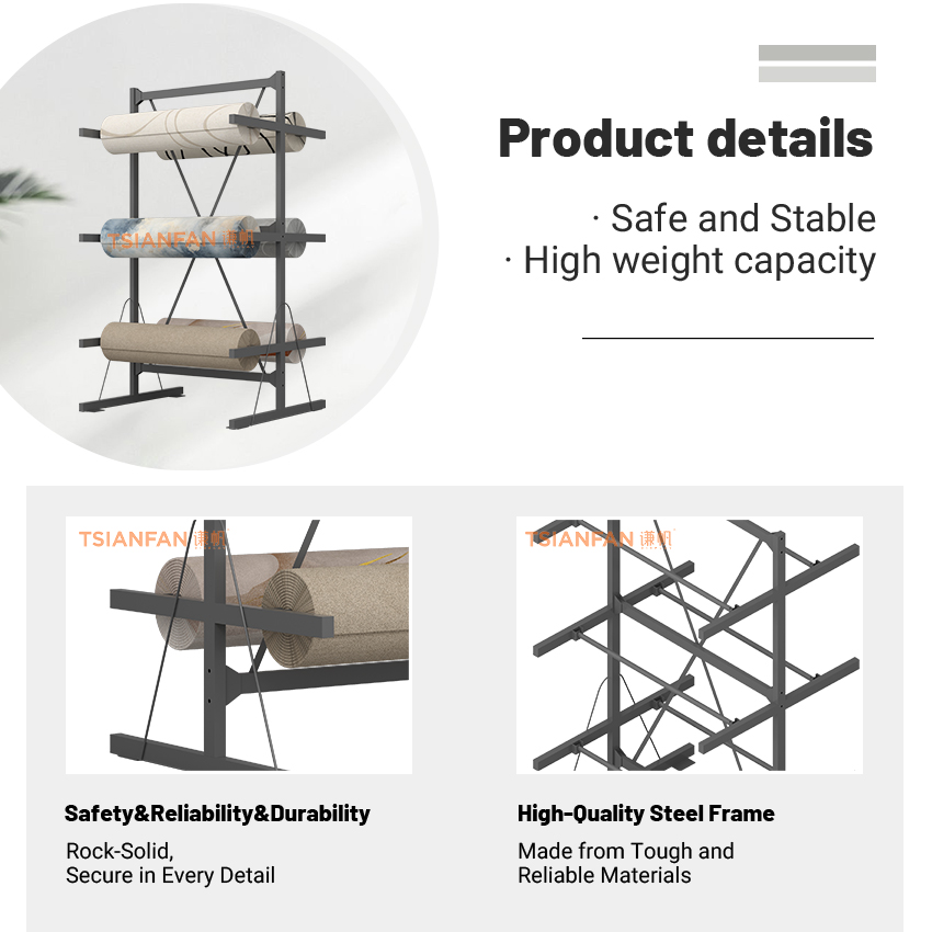 Wholesale Custom Metal Hanging Carpet Roll Display Rack Double-Sided Durable Roll Rack for Exhibition Carpet Display Shelf
