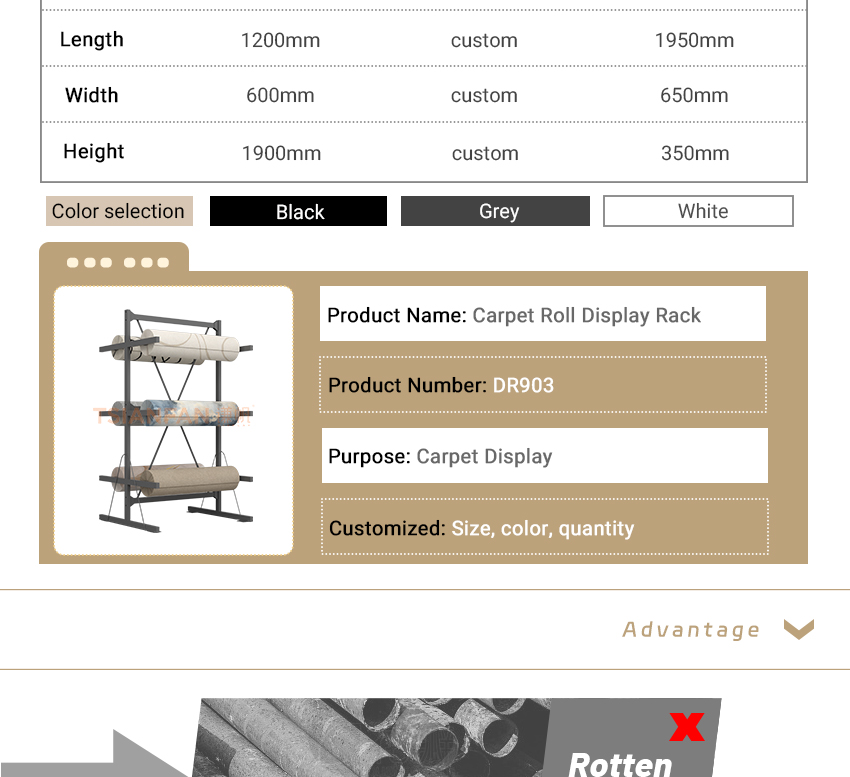 Wholesale Custom Metal Hanging Carpet Roll Display Rack Double-Sided Durable Roll Rack for Exhibition Carpet Display Shelf