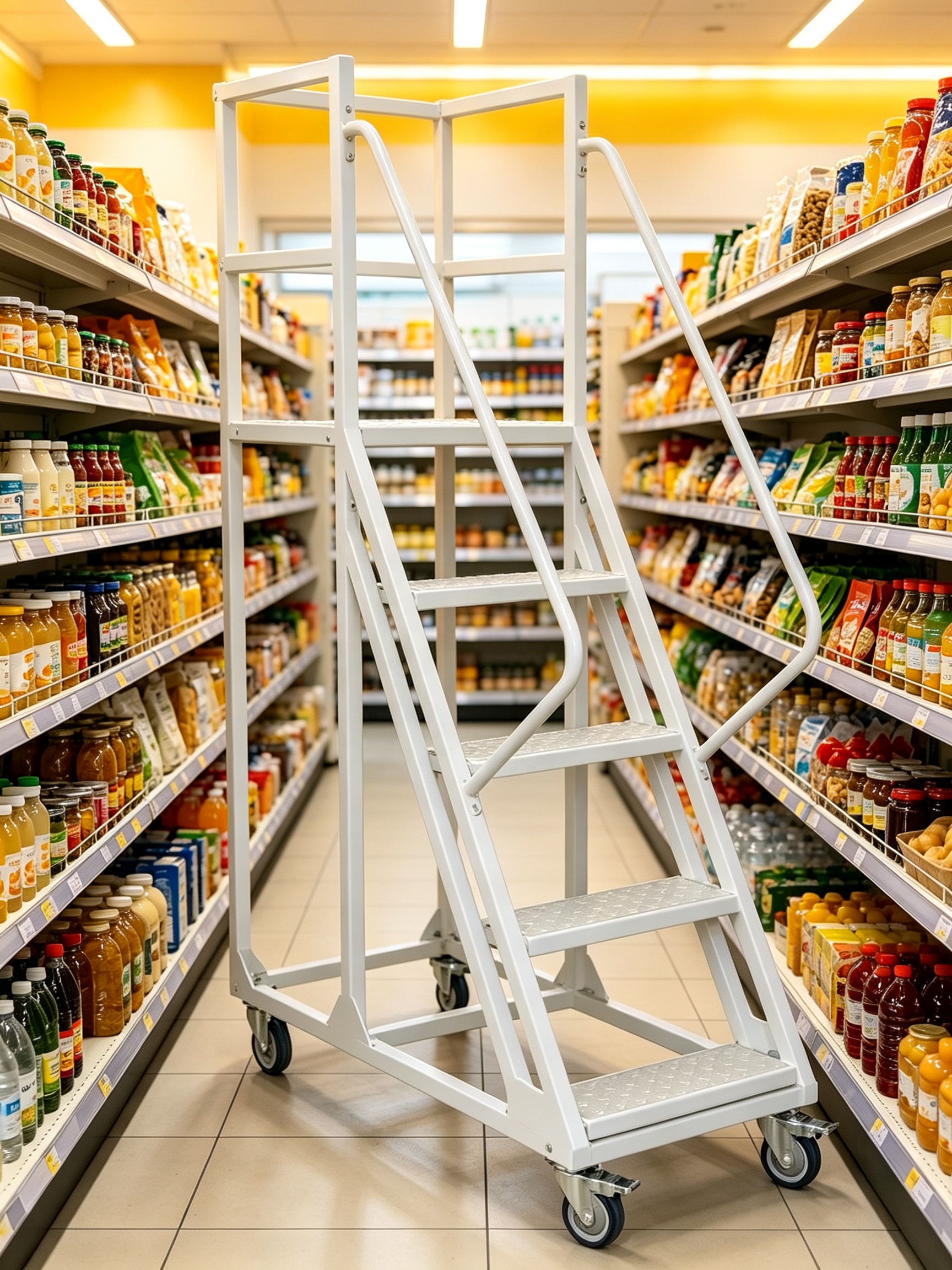 4-Step Rolling Steel Ladder with 1.5m High Platform 200KG Capacity Powder Coated Finish Warehouse Use