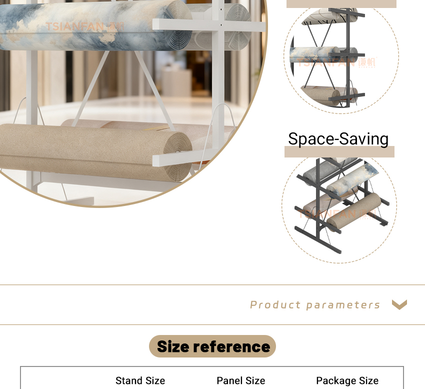 Wholesale Custom Metal Hanging Carpet Roll Display Rack Double-Sided Durable Roll Rack for Exhibition Carpet Display Shelf