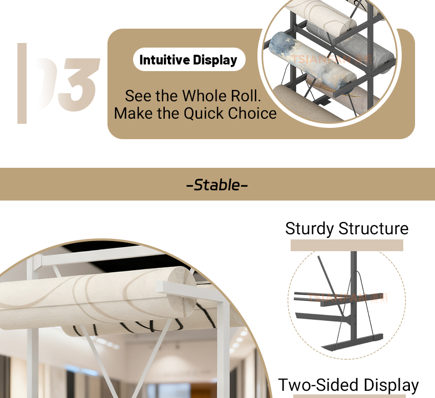 Wholesale Custom Metal Hanging Carpet Roll Display Rack Double-Sided Durable Roll Rack for Exhibition Carpet Display Shelf