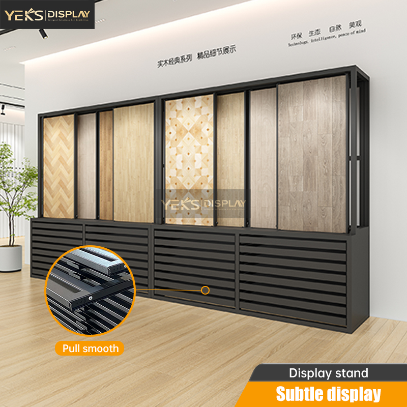 High Quality New Customized Granite Stone Wooden Flooring Pull Push Display Rack Stand Combination Cabinet for Showroom