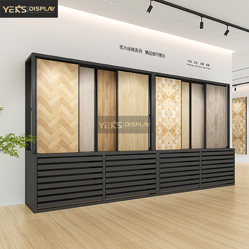 High Quality New Customized Granite Stone Wooden Flooring Pull Push Display Rack Stand Combination Cabinet for Showroom