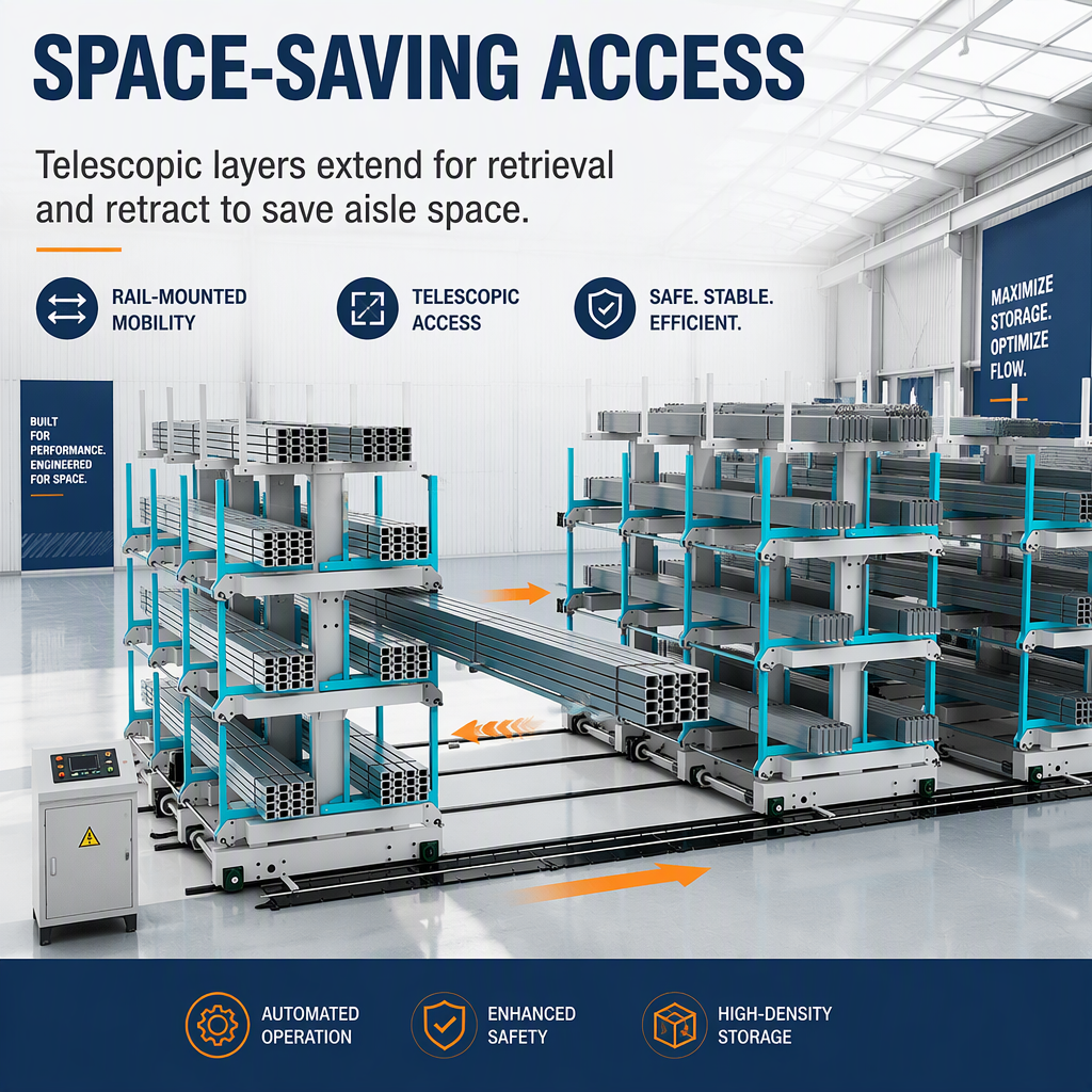 Electric Mobile Rail-Type Telescopic Cantilever Rack, Automatic Loading System, CE Certified