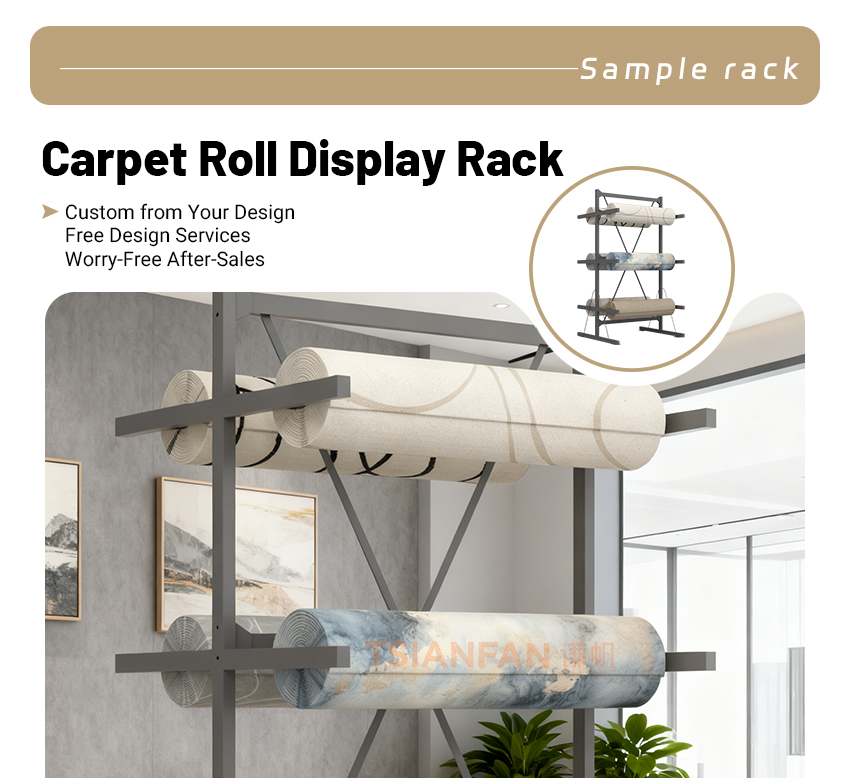 Wholesale Custom Metal Hanging Carpet Roll Display Rack Double-Sided Durable Roll Rack for Exhibition Carpet Display Shelf