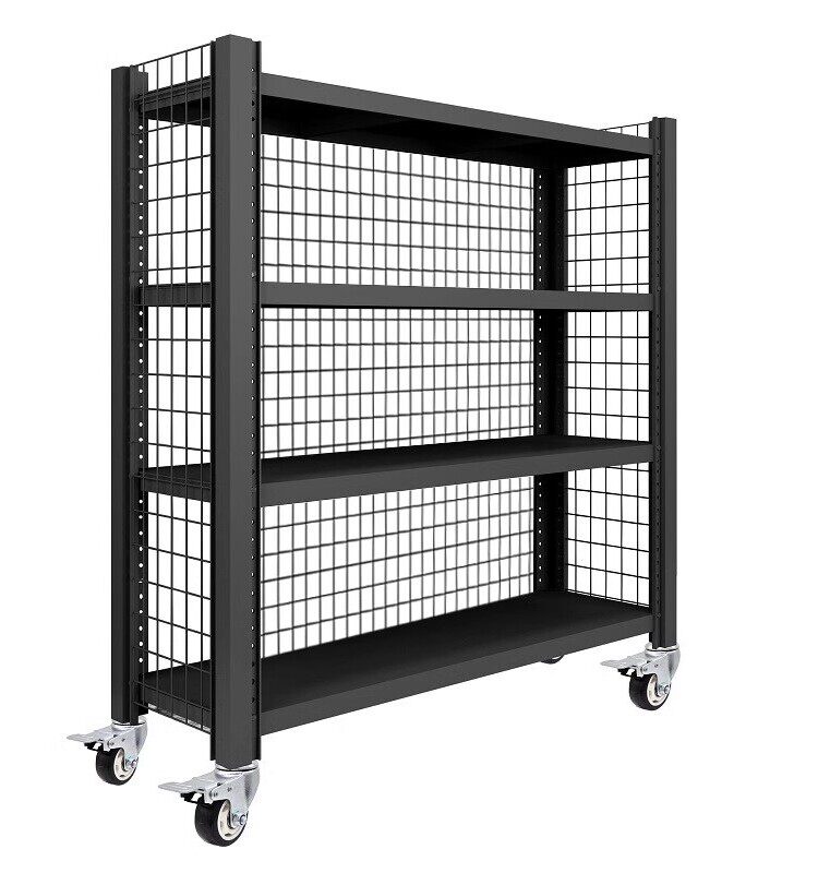 Wheeled Mobile Shelving Unit 4-Tier Storage Rack Display Stand Metal Frame Adjustable Sliding Grid Partitions 200kg Capacity