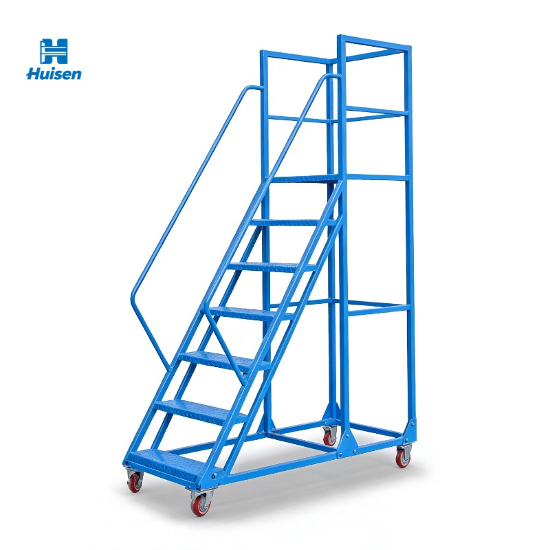 Powder Coated 7 Step Rolling Ladder Warehouse Mobile Platform Stairs 300kg Locking Casters OEM Custom CE SGS ISO 9001