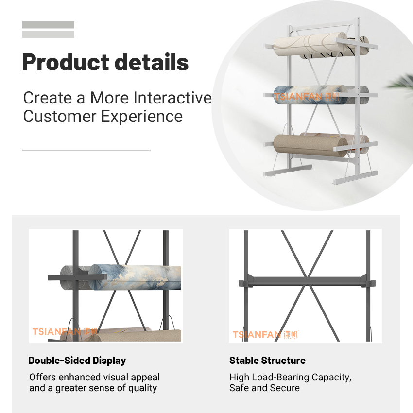Wholesale Custom Metal Hanging Carpet Roll Display Rack Double-Sided Durable Roll Rack for Exhibition Carpet Display Shelf