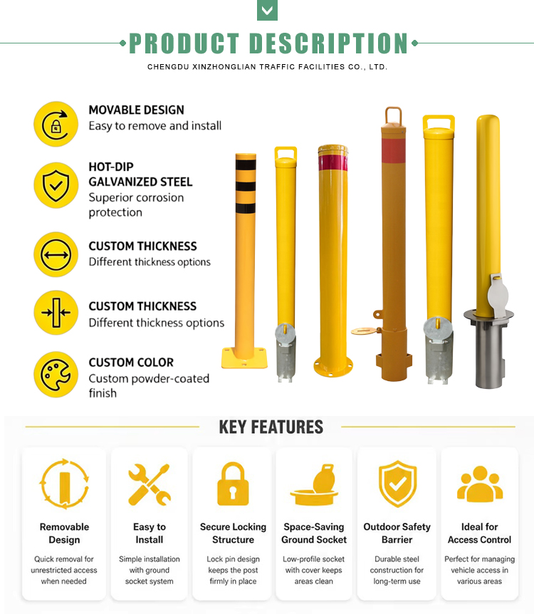 XZL Cheap 800mm Bollard With Reflector Machine Bollards Parking Bollards Fixed Type 4.5" Yellow Powder Coated Bollards Supplier