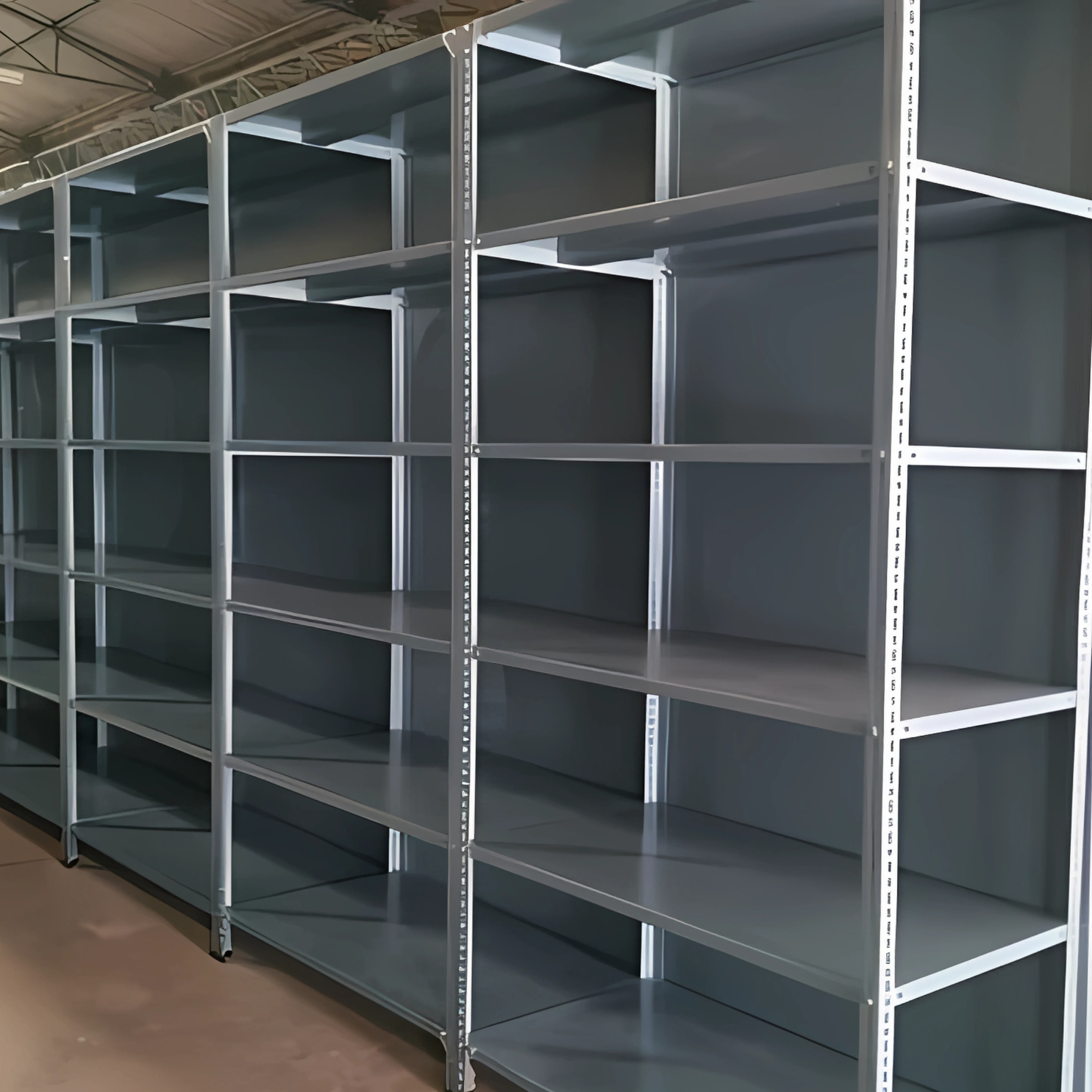 Industrial slotted angle shelving unit assembled with steel shelves