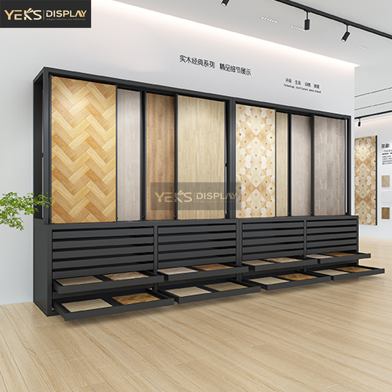 High Quality New Customized Granite Stone Wooden Flooring Pull Push Display Rack Stand Combination Cabinet for Showroom