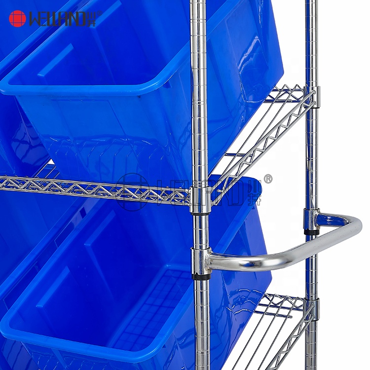 Utility Commercial Garage Slanted Order Picking Shelving Cart Trolley, NSF Factory Warehouse Wire Shelf Bin Organizers