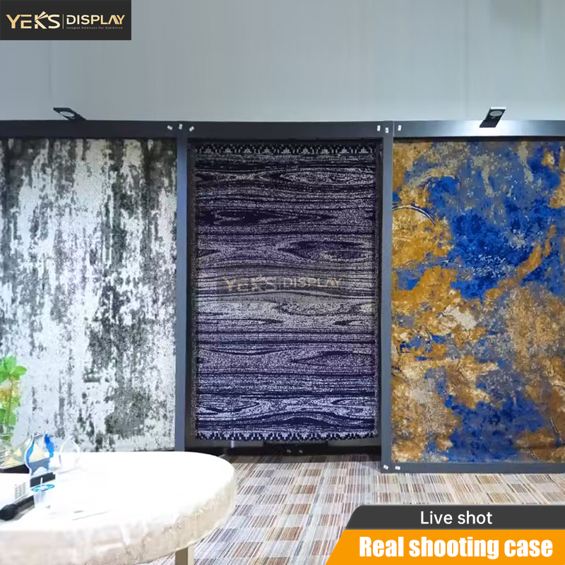 YEKS Heavy Duty Flat Pull Carpet Display Rack With Slide Out Shelves For Rug And Flooring Showroom